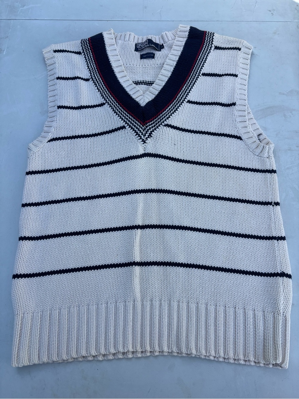 Ralph Lauren Cream V-Neck Striped Sweater Vest with Navy and Red Trim